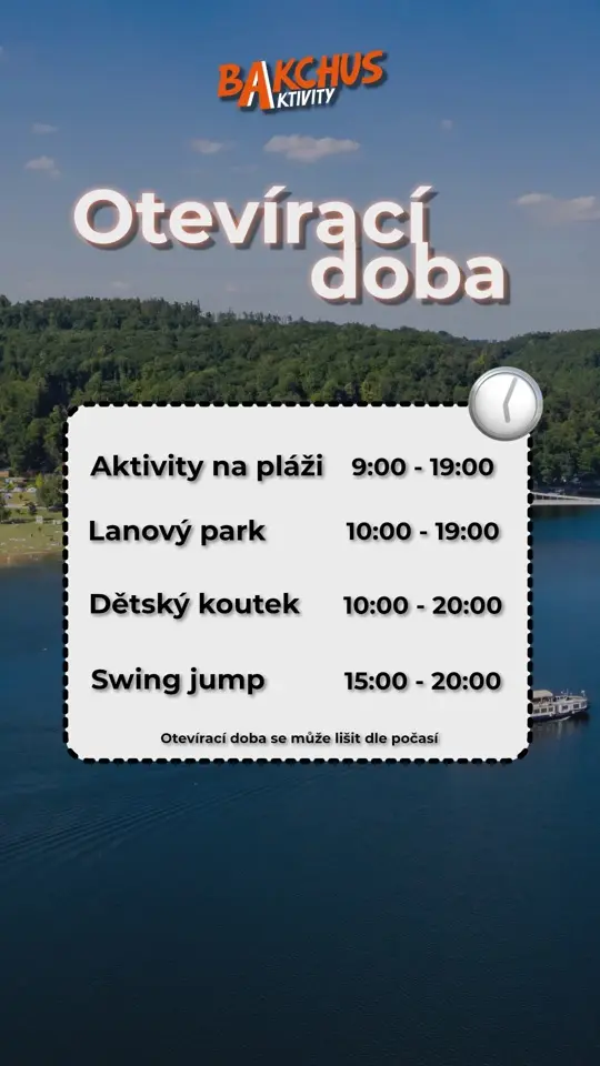 Story s otevírací dobou aktivit na pláži, lanového parku, dětského koutku a Swing jumpu