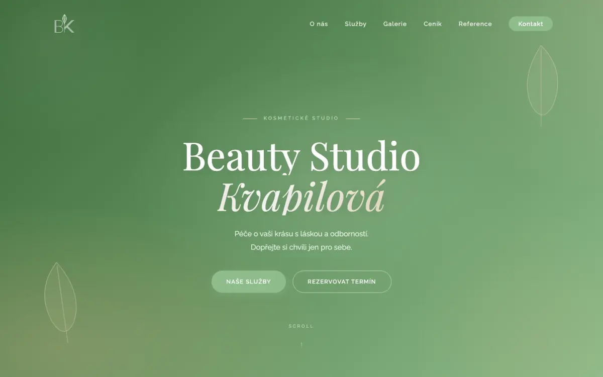 Úvodní stránka webu Beauty Studio Kvapilová v zelených tónech